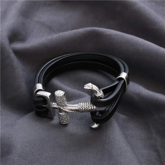 Double Layer Black Leather Bracelet for Men - Picture 4 of 6